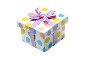 A colorful gift box wrapped with a patterned ribbon and bow, adorned with polka dots in various colors. png