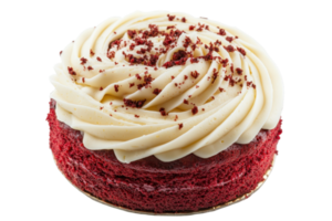 A round red velvet cake topped with creamy frosting and red cake crumbs, showcasing a delightful swirl design. png