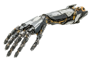 A robotic hand featuring intricate mechanical components and articulated fingers, showcasing advanced engineering and technology. png