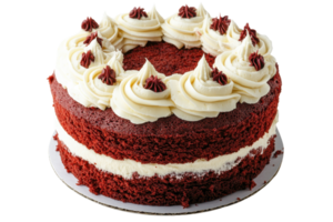 A rich red velvet cake adorned with cream cheese frosting and decorative swirls, showcasing layers of moist texture. png