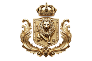 A golden coat of arms featuring a lion, crowned, with ornate scrollwork and detailed craftsmanship. png