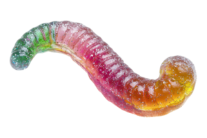 A colorful, segmented gummy worm with a twisted shape, showcasing vibrant hues of green, pink, and yellow. png