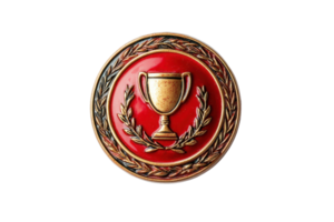A decorative medal featuring a trophy surrounded by laurel leaves on a vibrant red background. png