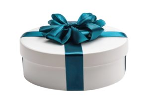 A round, white gift box adorned with a teal ribbon and bow. png