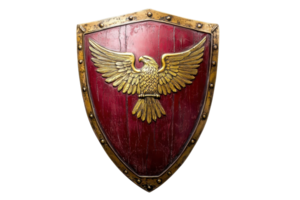 A decorative shield featuring a golden eagle emblem on a rich red surface, showcasing intricate detailing and a vintage design. png