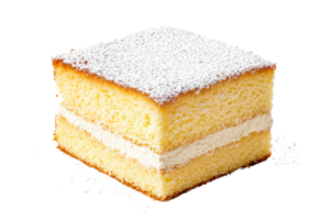 A square slice of cake with a creamy filling, topped with a dusting of powdered sugar. png
