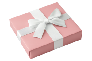 A neatly wrapped pink gift box adorned with a white ribbon and bow, symbolizing celebration and special occasions. png