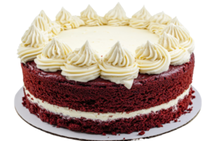 A rich red velvet cake topped with creamy frosting and decorative swirls, showcasing layers of moist texture and indulgent flavor. png