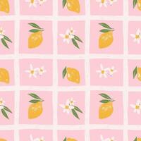 Cozy checkered summer lemon seamless pattern. Mediterranean hatching textured Fresh tropical citrus fruits background. Collages with different lemons. Repeated grid prints for wrapping paper. vector