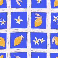 Trendy lemon seamless pattern in summer amalfi style. Tropical bright fruit citrus checkered background with hatching textured hand drawn lemons, flowers, leaves. design for wrapping, fabric vector