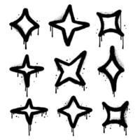 set of Spray painted graffiti sparkle icona. Hand drawn textured black over white isolated elements with drops and leaks. Four-pointed stars sparkle drip symbol. Textured illustration vector