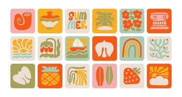 Boho Summer Nature simple organic elements set. Groovy Geometric Summer Palm sea, coral, sunset, bird, beach, surf. Abstract Square Tropical Icons in Freehand Retro Style for Print, Poster. vector