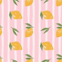 Vintage Seamless pattern with yellow lemons on pink and white striped background. Hatching pencil hand drawn rough texture. Summer cozy repeated backdrop. hand drawn illustration. vector