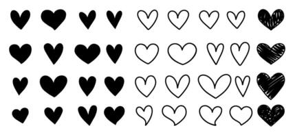 Black silhouette hearts set isolated on white. Different hand drawn shapes retro abstract romantic love flat and outline graphic design element collection. Health care, Valentine day card, like symbol vector