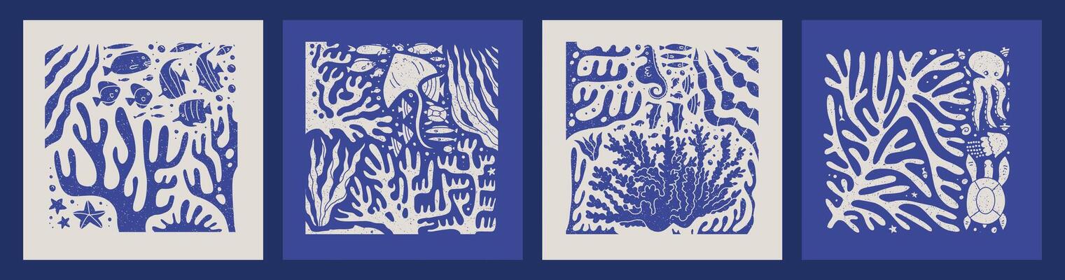 Vintage monochrome Marine Life covers set. Retro paper textured square cards with stamp effect. Flat silhouette illustration.