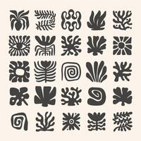 Trendy retro 60s 70s inspired groovy floral summer elements set with leaf shapes, flowers, shell, sea coral and sun, blending modern and organic elements. flat illustration. vector