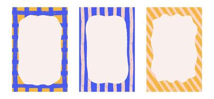 Set of irregular frames with wavy edges frames, doodle borders with striped background and curved shapes. hatching texture Template for invitations, posters, banner, social media. vector