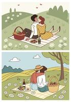 Young couple on a picnic in a field with daisies, sitting on a blanket, hugging, next to a basket of fruit and wine vector