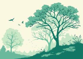 A charming illustration of a natural landscape with trees, fresh grass and birds flying in the sky. For design of eco-projects vector