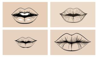 Minimalistic linear drawing of lips with elegant black outline on a soft beige background creates a sophisticated modern look vector