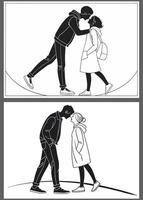 black white illustration. Minimalistic linear illustration depicting a tender embrace of a couple. The silhouettes touch their foreheads, conveying vector