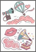 Bright and cheerful multi-colored lip prints on a soft background of pastel clouds in a playful pop art style. Cheerful mood vector