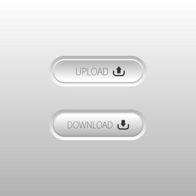 Simple 3D style Upload and Download round rectangle button with Icon on dark gradient background