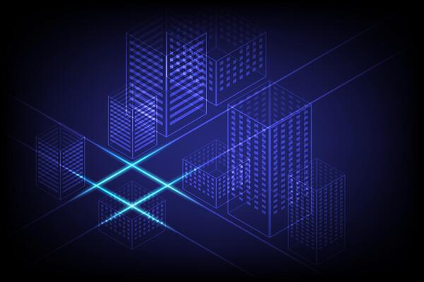 Smart Digital City Concept of Glowing Blue Squares on Dark Background with Technology Inspired Neon Light Effects