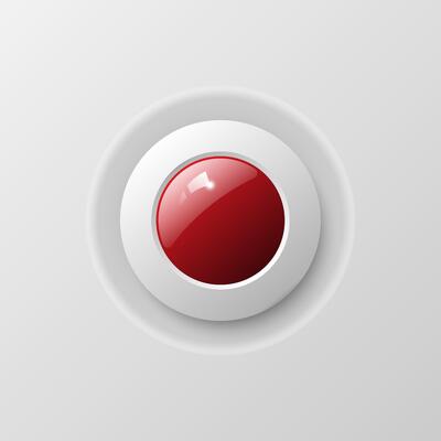 Realistic Red Glossy Push Button with 3D Effect style on a light grey background