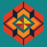 Geometric abstract art, hexagonal shape, vibrant colors, red orange yellow green, symmetrical design, Art Deco style, bold contrasts, flat color blocks vector