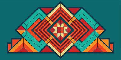 Geometric abstract art, Southwestern-inspired design, vibrant colors, teal background, red and orange central pattern, symmetrical composition, angular shapes vector
