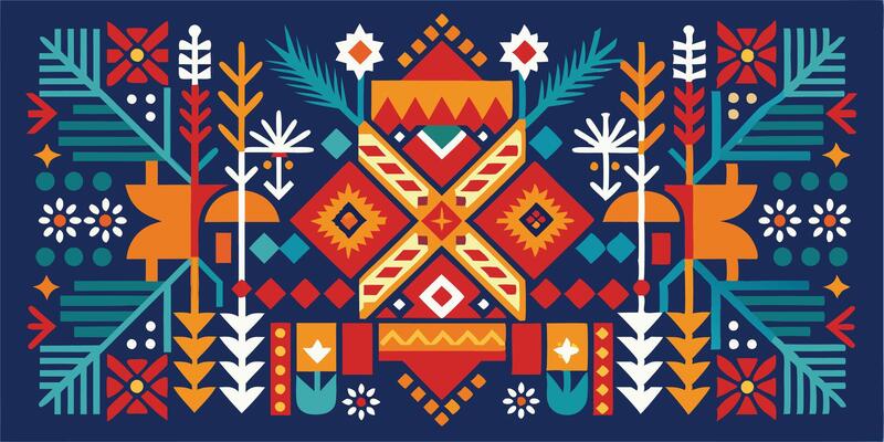 Vibrant folk art pattern, geometric shapes, symmetrical design, navy blue background, red and orange diamonds, teal pine branches, white floral elements, yellow accents, tribal motifs