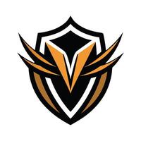 Logo design, shield shape, abstract bird or phoenix, sharp angles, orange and black color scheme, symmetrical, minimalist, modern, esports team emblem, graphic, clean lines, dynamic vector