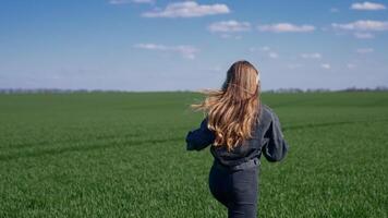 Girl is running on green field. Young woman with long fluttering hair in denim suit runs in nature and turning her cheerful face on camera. Rear view. Slow motion. video
