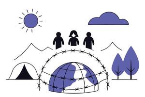 Global silhouettes with an earth globe showing support for refugees and highlighting the importance of unity and international empathy vector