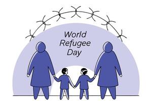 Symbolic blue figures representing refugee families walking together on world refugee day showcasing resilience unity and global compassion vector