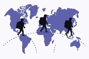 Visualize Worldwide Movement and Human Connection Using a Dark World Map Illustration That Features Silhouettes Walking Together Toward a Better Future vector