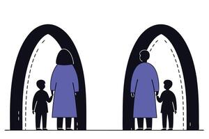 Families represented in blue silhouettes walking in solidarity to highlight the resilience and journey of refugees worldwide on world refugee day vector