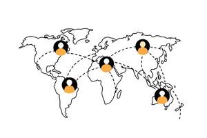 Silhouette figures showing migration paths across a world map emphasizing the global experience of moving for safety opportunity and a new life vector