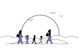 Powerful silhouette artwork showing a group of refugees including women children and men symbolizing unity struggle and hope in humanitarian themed visuals vector