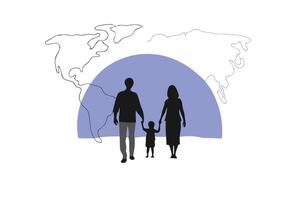 Compelling refugee silhouette artwork with a family group including man woman and child created to evoke empathy and raise awareness through design vector