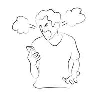 man getting mad on smartphone illustration hand drawn with black lines isolated on white background. vector
