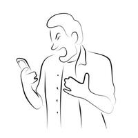 man using mobile phone with anger illustration hand drawn with black lines isolated on white background vector