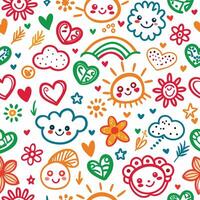 seamless pattern with cute cartoon characters and sun, clouds, hearts and rainbows vector