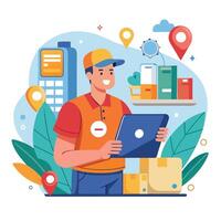 delivery man with laptop and map on background vector