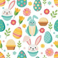 easter seamless pattern with cute bunny and eggs vector