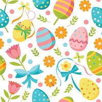easter eggs and flowers on a white background seamless pattern vector