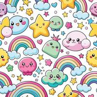 seamless pattern with cute cartoon characters and clouds vector