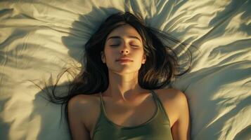 A woman is sleeping in bed with her eyes closed photo