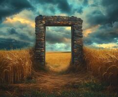 An open doorway in a field with a stormy sky photo